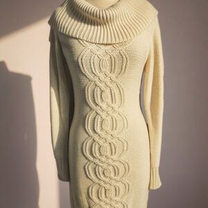 Pink Rose Cable Knit Cream Cowl Neck Sweater